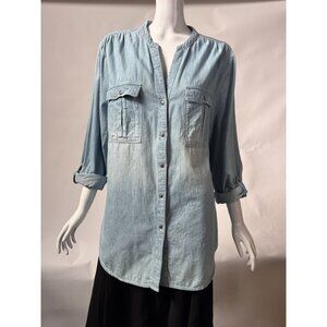 Nine West Jeans Womens Light Denim Button-Down Shirt With Roll-Tab Sleeves & Dua